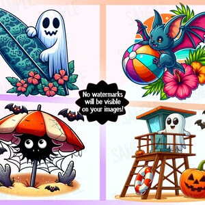 May include: A collection of four cartoon illustrations featuring Halloween and summer themes. Includes a ghost with a surfboard, a bat with a beach ball, a spider under an umbrella, and a ghost lifeguard. The text reads "No watermarks will be visible on your images!"