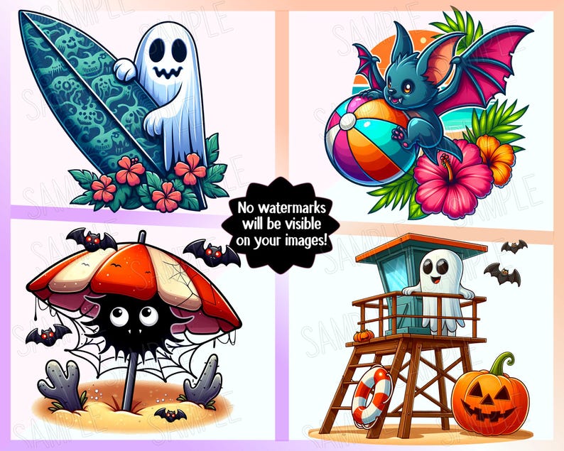 May include: A collection of four cartoon illustrations featuring Halloween and summer themes. Includes a ghost with a surfboard, a bat with a beach ball, a spider under an umbrella, and a ghost lifeguard. The text reads "No watermarks will be visible on your images!"