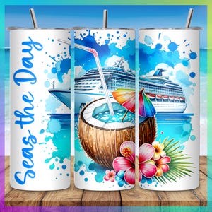Watercolor Seas the Day Cruise Tumbler Wrap 20oz | Tropical Vibes, Summer Drinks, Coconut | Sublimation Wrap PNG | Digital Download