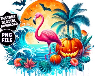 Tropical Halloween Flamingo PNG | Pumpkin, Bats & Palm Tree Sublimation | Beach Halloween Clipart | Digital Download