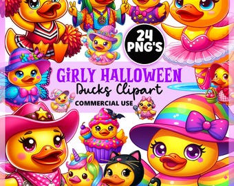 Girly Halloween Rubber Duck Clipart | 24 Cute Duck PNGs in Costumes | Digital Download for Stickers, Crafts & Sublimation