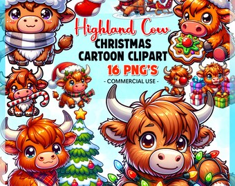 Christmas Highland Cow Cartoon Clipart Bundle | Christmas PNG | Cartoon Clipart | Christmas Graphics | Arts and Crafts | Commercial Use