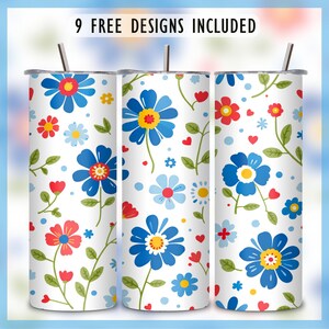 Polsk keramikinspirerad blommig tumblerwrap | 20oz smal sublimering PNG | Folkkonst prästkragemönster i koboltblått och rött | Boleslawiec Design
