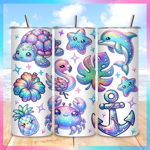 Tropical Tumbler Wrap 20oz | Whimsical Glitter Beach Design | Sea Turtle, Flamingo, Dolphin, Starfish PNG | Digital Download