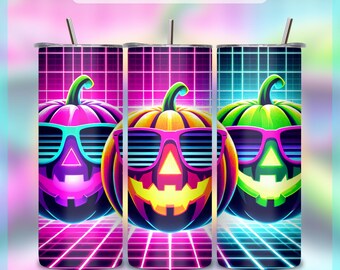Neon Pumpkin Tumbler Wrap PNG: Retro Arcade Halloween (download digitale)