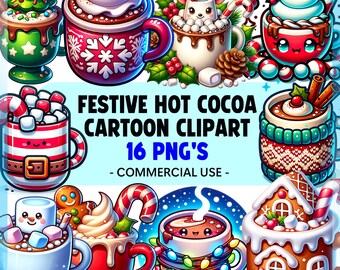 Cute Festive Hot Cocao Clipart Bundle | Christmas PNG | Cartoon Clipart | Hot Chocolate | Christmas Graphics | Sublimation | Commercial Use
