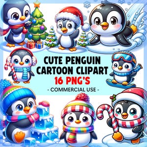 Paquete de imágenes prediseñadas de dibujos animados de pingüinos lindos de vacaciones / PNG de Navidad / Imágenes prediseñadas de dibujos animados / PNG de vacaciones / Gráficos navideños / Imágenes prediseñadas de invierno