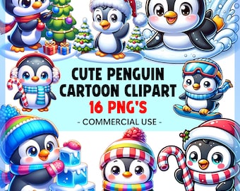Holiday Cute Penguin Cartoon Clipart Bundle | Christmas PNG | Cartoon Clipart | Holidays PNG | Christmas Graphics | Winter Clipart