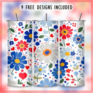 Polsk keramik blommig tumblerwrap | 20oz smal sublimering PNG | Folkkonst prästkragemönster i koboltblått, rött | Boleslawiec-inspirerad design