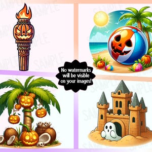 May include: A collage of Halloween-themed illustrations. Includes a tiki torch with a jack-o'-lantern face, a beach ball with a jack-o'-lantern face on a beach, a palm tree with jack-o'-lanterns, and a sandcastle with a ghost. Text: "No watermarks will be visible on your images!"