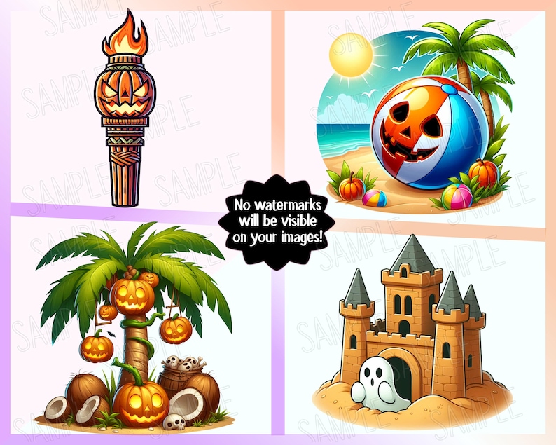 May include: A collage of Halloween-themed illustrations. Includes a tiki torch with a jack-o'-lantern face, a beach ball with a jack-o'-lantern face on a beach, a palm tree with jack-o'-lanterns, and a sandcastle with a ghost. Text: "No watermarks will be visible on your images!"