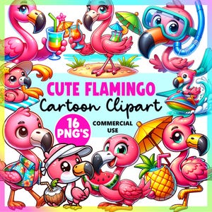 Uroczy flaming kreskówka clipart PNG Bundle | Letni flaming clipart | Tropikalny clipart, różowy flaming PNG | Użytek komercyjny | Pobieranie cyfrowe