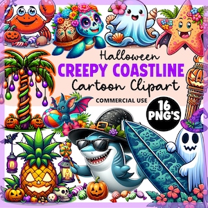 Lindo clipart de playa tropical de Halloween: conjunto PNG de costa espeluznante / Fantasmas, castillos de arena, criaturas marinas y gráficos costeros espeluznantes