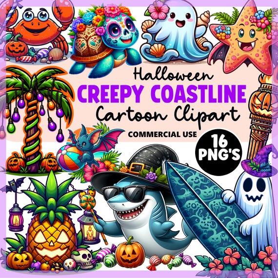 Tropical Halloween Clipart: Spooky Beach PNG Set (Digital Download