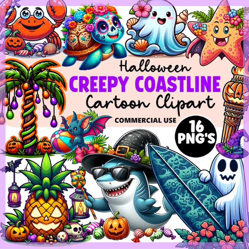 May include: A colorful digital illustration featuring Halloween-themed cartoon characters. The image includes a crab, turtle, octopus, starfish, bat, shark, and ghost. Text reads "Halloween Creepy Coastline Cartoon Clipart" and "16 PNG's".