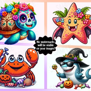 May include: Four colorful cartoon illustrations. A turtle with a sugar skull face and flower crown. A starfish with bat wings and flowers. An orange crab with candy and a pumpkin. A shark wearing sunglasses and a witch hat.