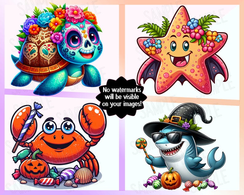 May include: Four colorful cartoon illustrations. A turtle with a sugar skull face and flower crown. A starfish with bat wings and flowers. An orange crab with candy and a pumpkin. A shark wearing sunglasses and a witch hat.