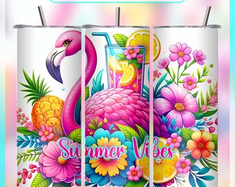 Tumbler Wrap Tropical Flamingo Summer Vibes PNG / 20 oz Slim Sublimazione / Design Ananas, Floreale, Limonata / Download Digitale