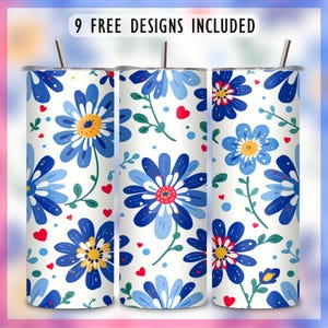 May include: Three stainless steel tumblers with a white background and a blue and red floral pattern. The tumblers have lids and straws. The text "9 FREE DESIGNS INCLUDED" is at the top of the image.