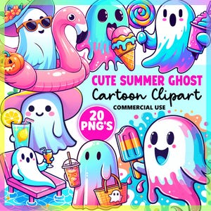 May include: A vibrant collection of cartoon ghost clipart with a summer theme. The ghosts are depicted with sunglasses, ice cream, and drinks. The text reads "Cute Summer Ghost Cartoon Clipart" and "20 PNG's".