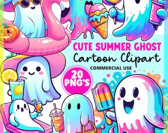 Cartoon Summer Pastel Ghost Clipart | Tropical Ghost PNGs | Cute Halloween & Summerween Graphics | Digital Download Bundle | Sublimation