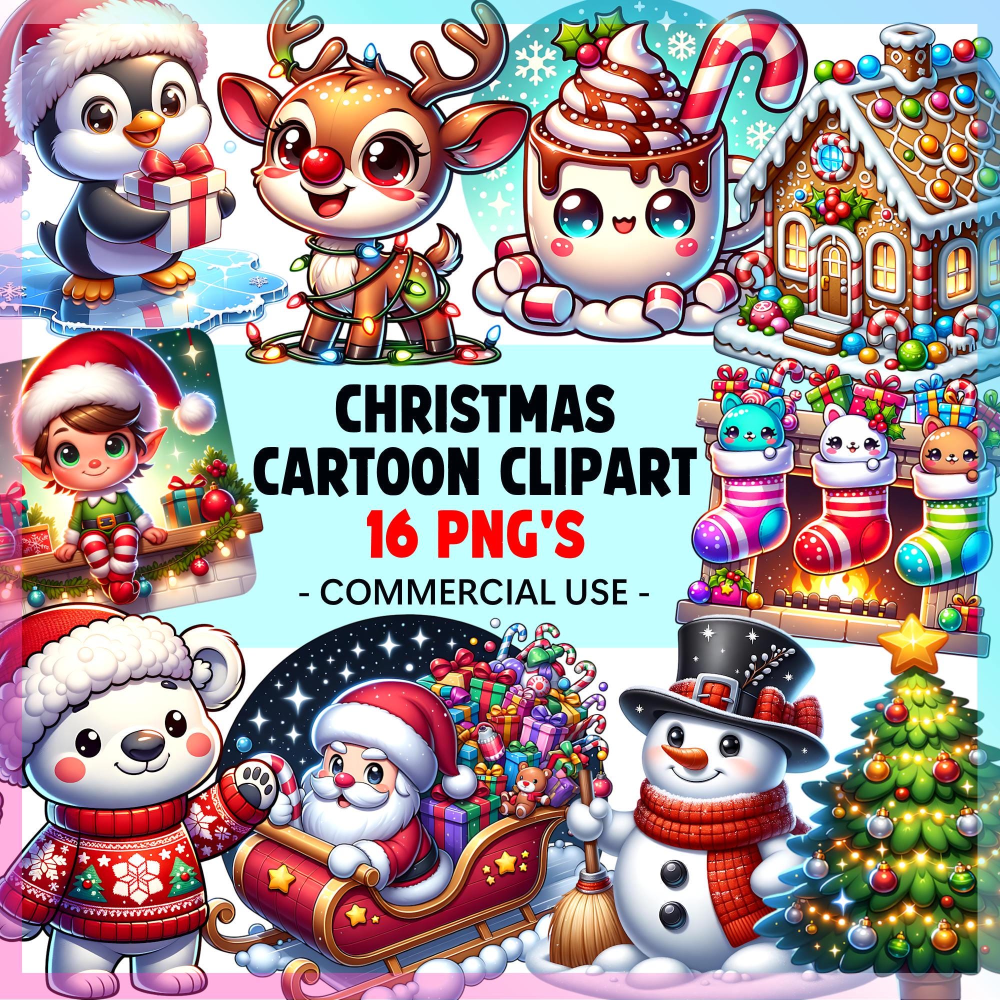 Cute Christmas Clipart Bundle | Christmas PNG | Cartoon Clipart | Santa, Reindeer PNG | Christmas Graphics | Sublimation | Commercial Use