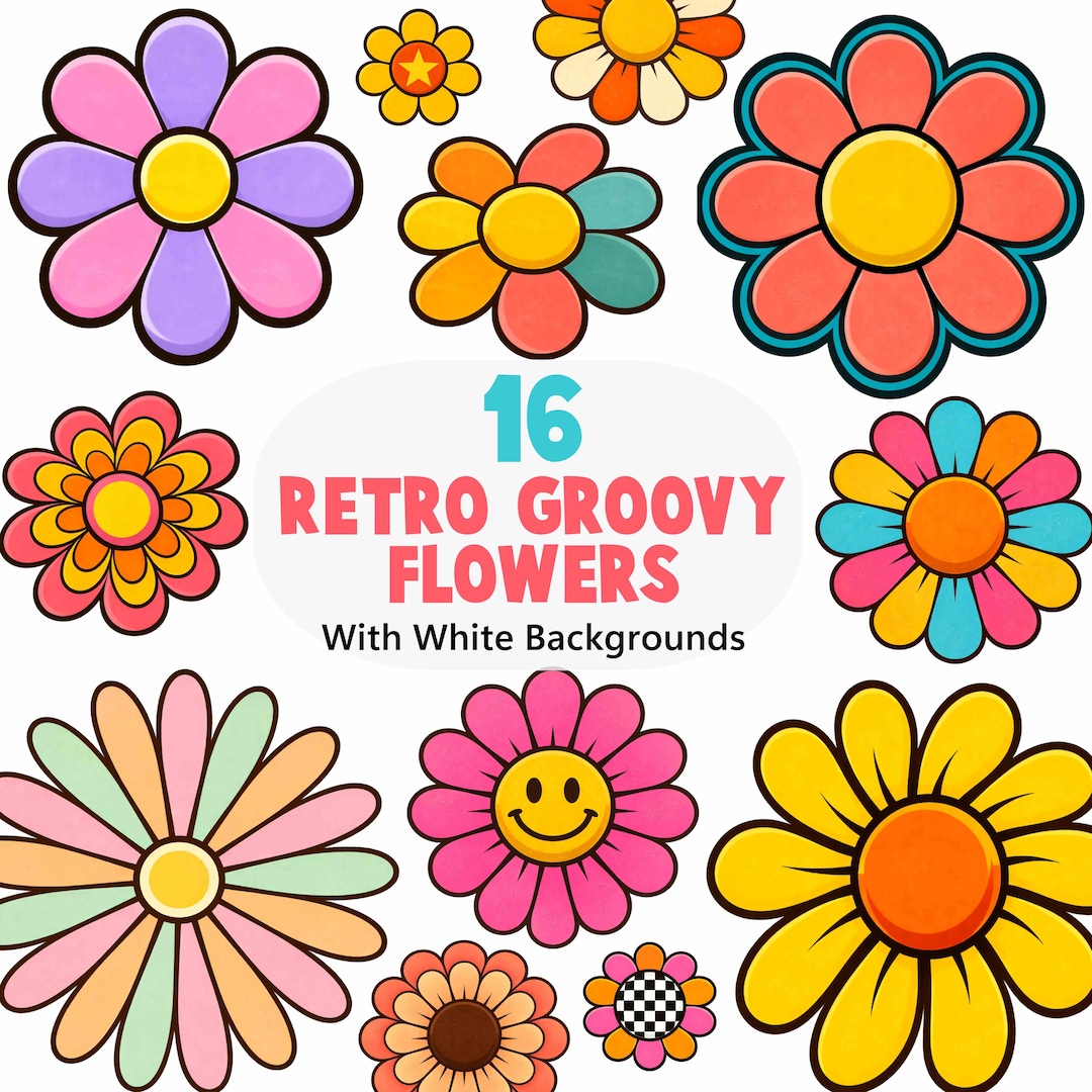 16 Retro Groovy Flowers PNG Set | 70s Flower Power Clipart | Digital ...