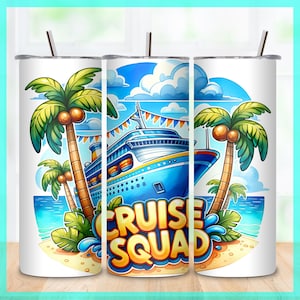 Cruise Squad Tumbler Wrap 20oz | Zabawna kreskówka plaża i palmy ze statkiem wycieczkowym | Wakacyjny rejs | Sublimacja Wrap PNG | Pobieranie cyfrowe