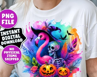 Summerween Flamingo Witch PNG: Halloween Skeleton & Pumpkin Art (Digital Download