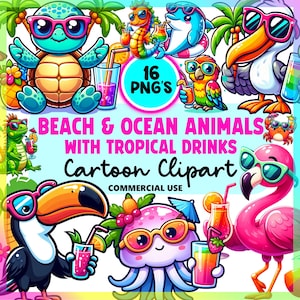 Zestaw uroczych plażowych i oceanicznych zwierząt Clipart z tropikalnymi napojami | Letni zestaw kreskówek PNG | Tropikalne zwierzęta Clipart | Użytek komercyjny