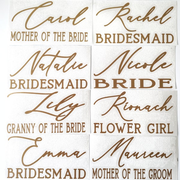 Wedding name and role decals for champagne glasses, high quality transfers, classy permanent custom name vinyl stickers