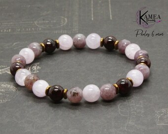 Bracelet en perles naturelles 6mm - kunzite, lépidolite, grenat