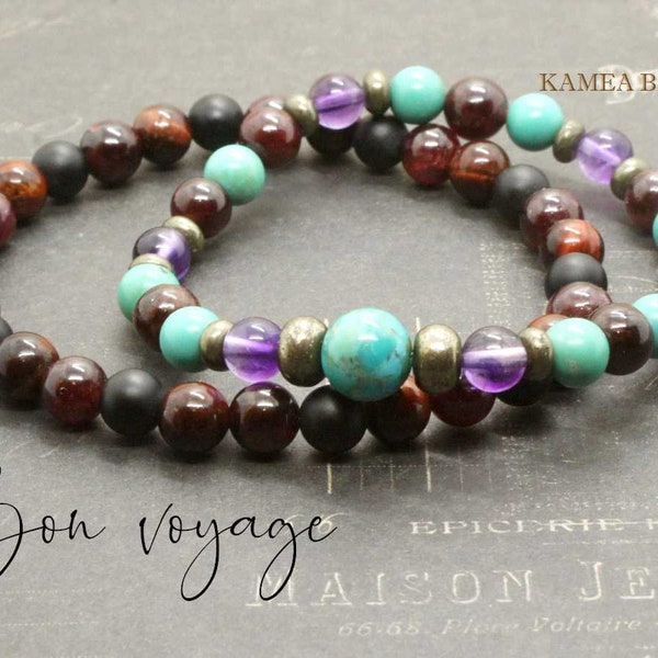 Bon voyage - lot de deux bracelets en pierres naturelles 6mm - Turquoise, grenat, améthyste, onyx, oeil de taureau