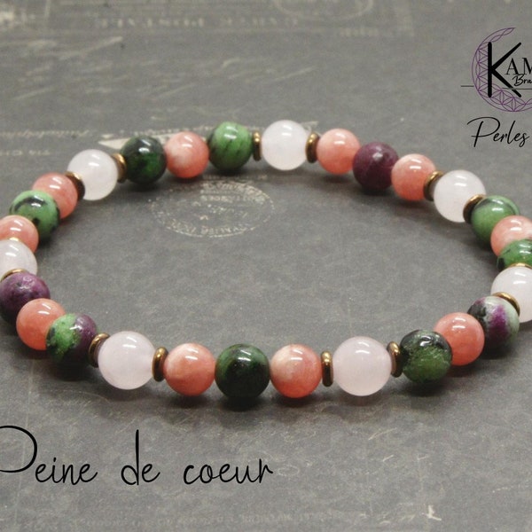 Peine de coeur - Bracelet en perles naturelles 6mm - Quartz rose, rhodochrosite, rubis zoisite