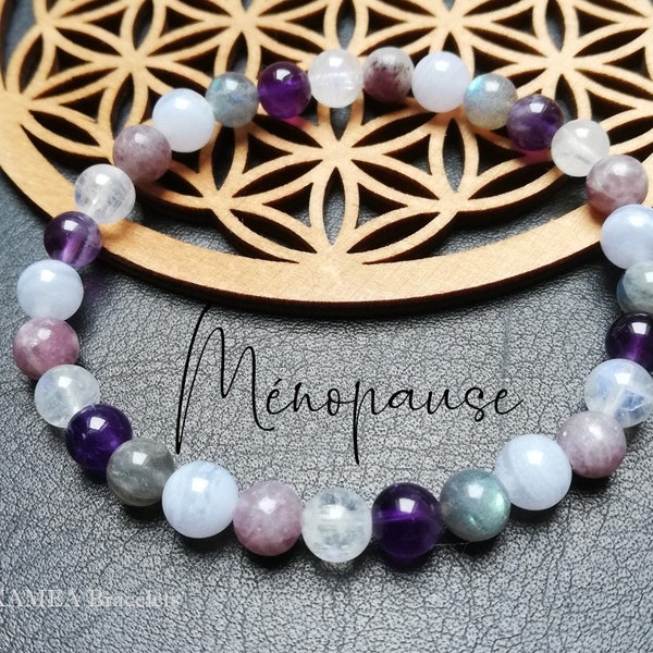 Ménopause - Bracelet en perles naturelles 6mm - Pierre de lune, calcedoine, améthyste, lépidolite, labradorite