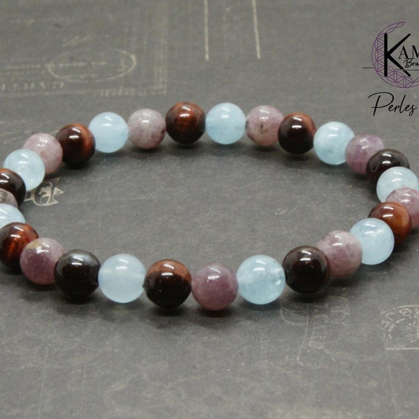 Bracelet en perles naturelles 6mm - Aigue marine, oeil de tigre taureau, lépidolite