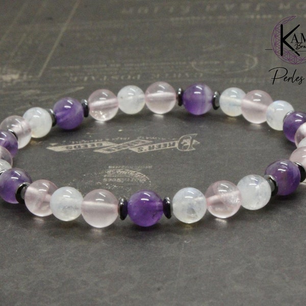 Bracelet en Perles naturelles 6mm - Améthyste claire, Quartz rose, Pierre de lune