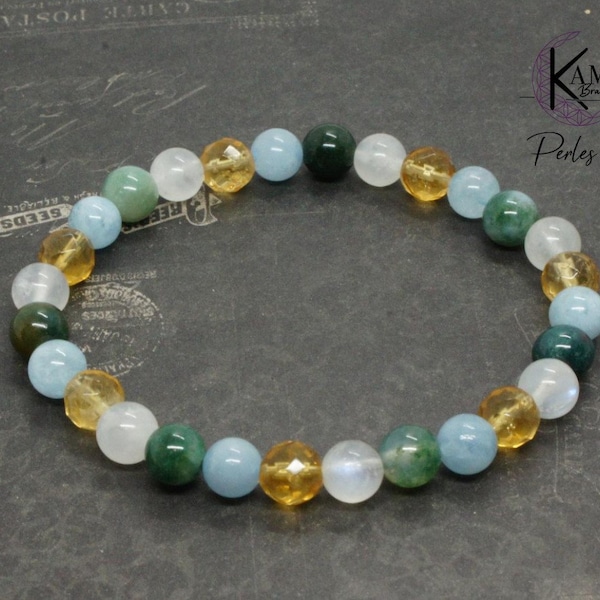 Bracelet en perles naturelles 6mm - Citrine, agate mousse, pierre de lune, aigue marine