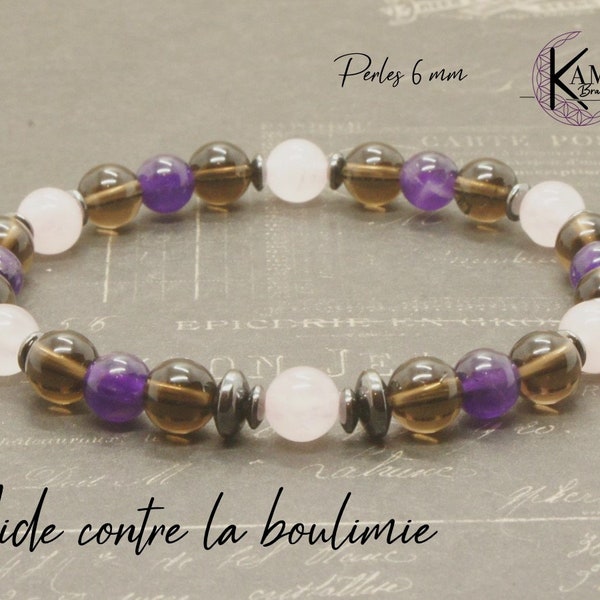 Aide contre la boulimie - Bracelet en perles naturelles 6mm - Quartz fumé, Améthyste, Quartz rose