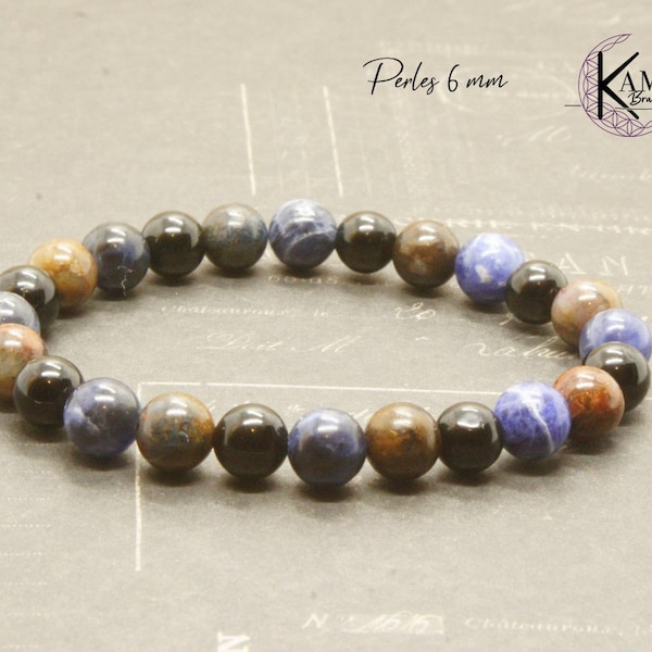 Bracelet pierres naturelles 6mm : Sodalite, tourmaline noire, pietersite