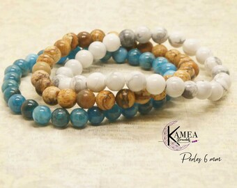 3 6mm natural beaded bracelets - Blue Apatite, Howlite, Jaspe Landscape