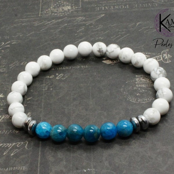 Bracelet en perles naturelles d'environs 6mm - Apatite bleue, Howlite blanche