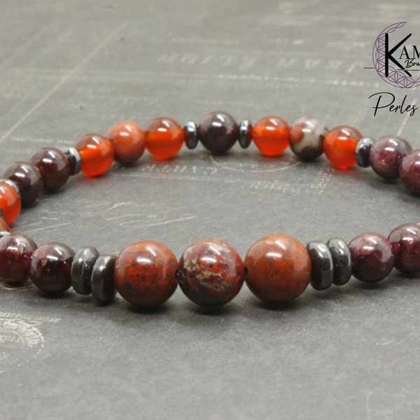 Bracelet in natural pearls 6mm - Jasper brechia, Garnet, Carnelian