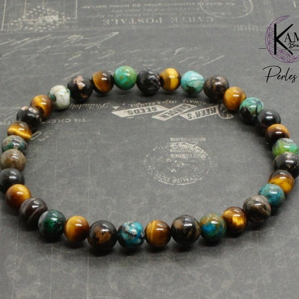 Bracelet en perles naturelles 6mm - chrysocolle, oeil de tigre, rhodonite