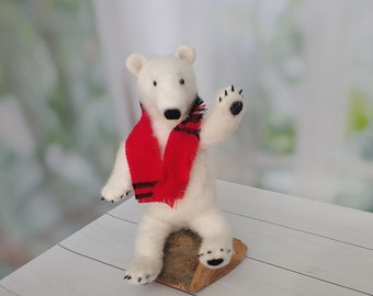 Felted Polar Bear Felted Wool  Wool Sculpture Needle Felting Toy Funny Christmas Gift Collectible Dolls Organic Forest Animal Christmass