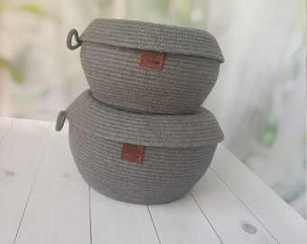 Storage baskets with cotton cord lids Design in gray Rope basket Interior baskets Scandinavian style Handing basket