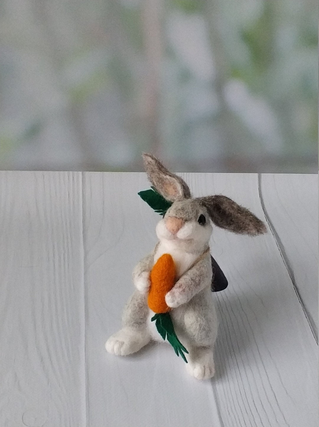 Needle Felted Bunny Gray and White Wool Rabbit With Carrot Miniature ...