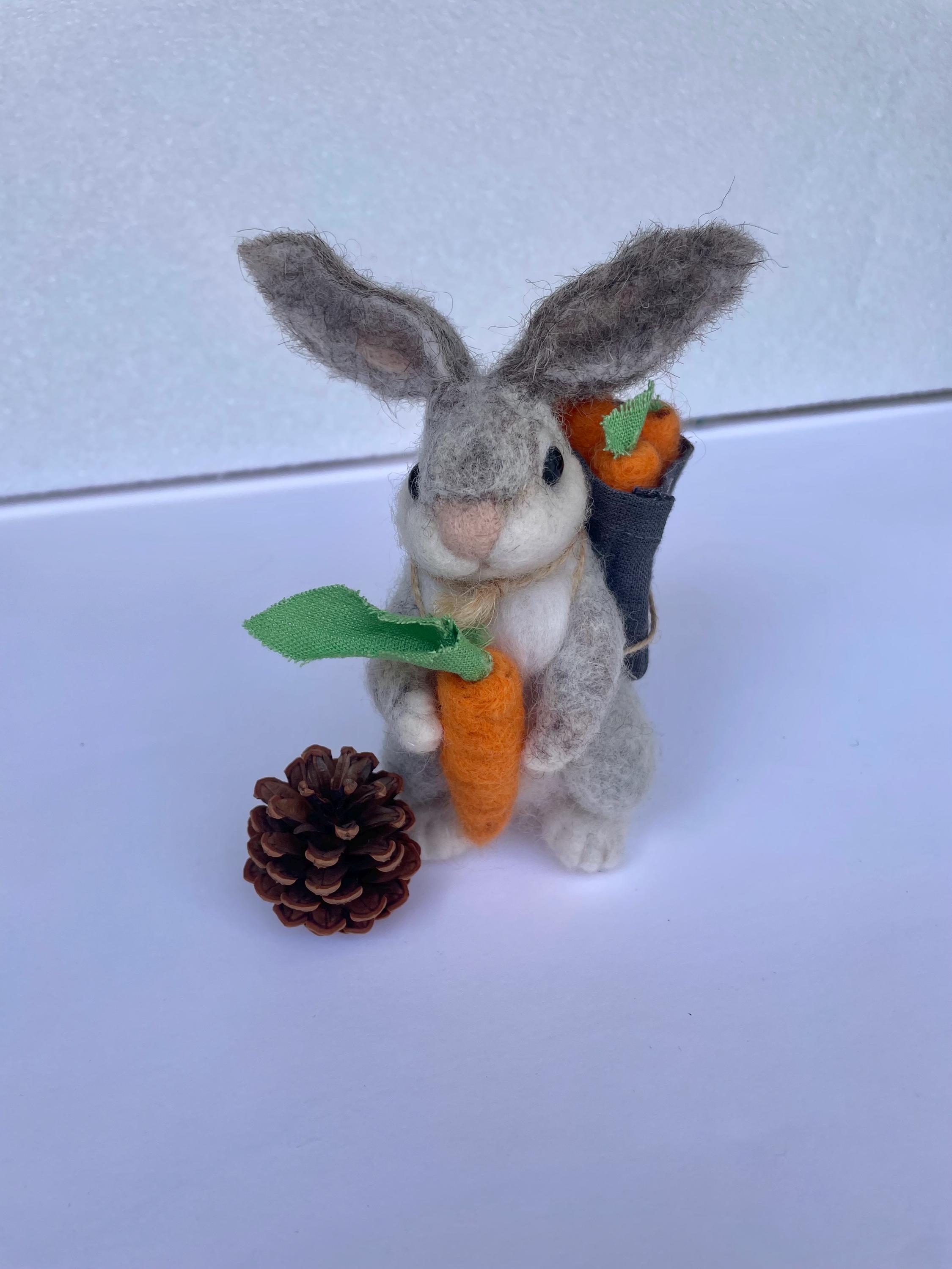Needle Felted Bunny Gray and White Wool Rabbit With Carrot Miniature ...
