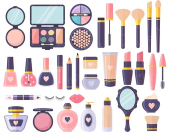May include: A set of 32 makeup and beauty items, including eyeshadow palettes, nail polish, lipstick, mascara, blush, perfume bottles, brushes, and a hand mirror. The items are all in a cartoon style and feature hearts and other decorative elements.