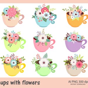 Set of cups with flowers, cups with branches PNG. Commercial and personal use. Instant download.